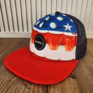 O'Neill Beer Pong Red Solo Cup Snapback Trucker Hat Cap Red White Blue July 4th